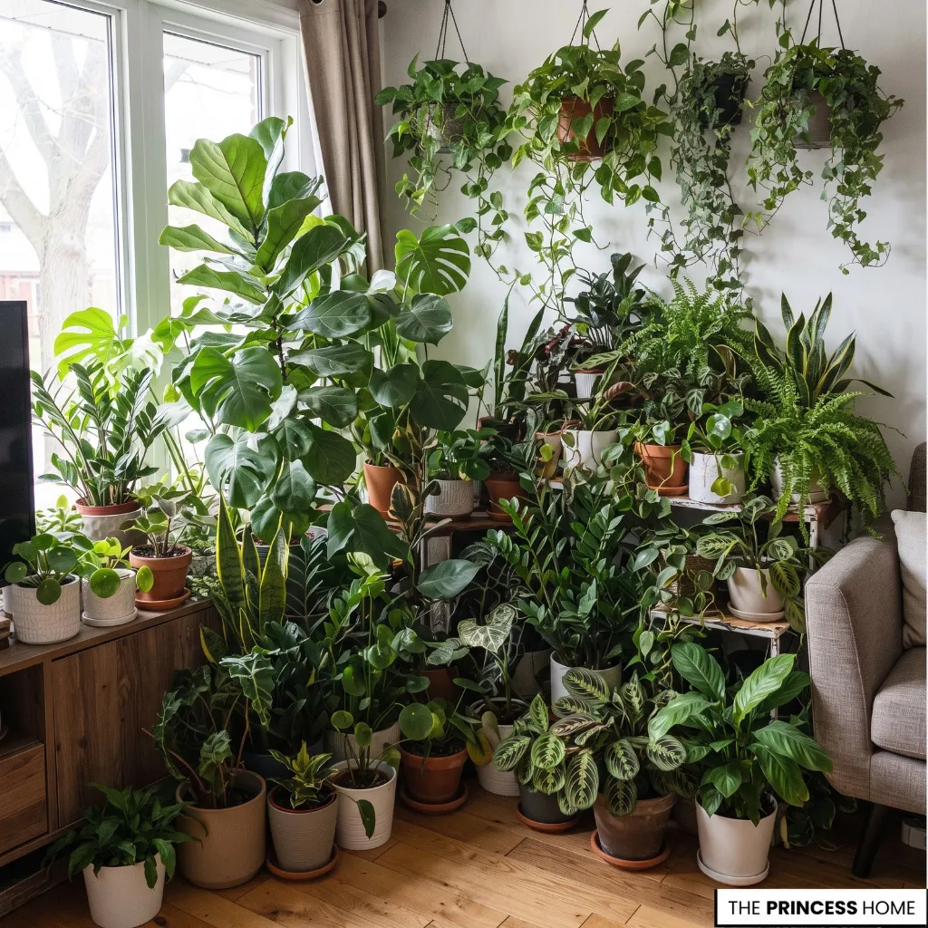 An overcrowded indoor plant arrangement with overlapping foliage and pots occupying the usable floor area.