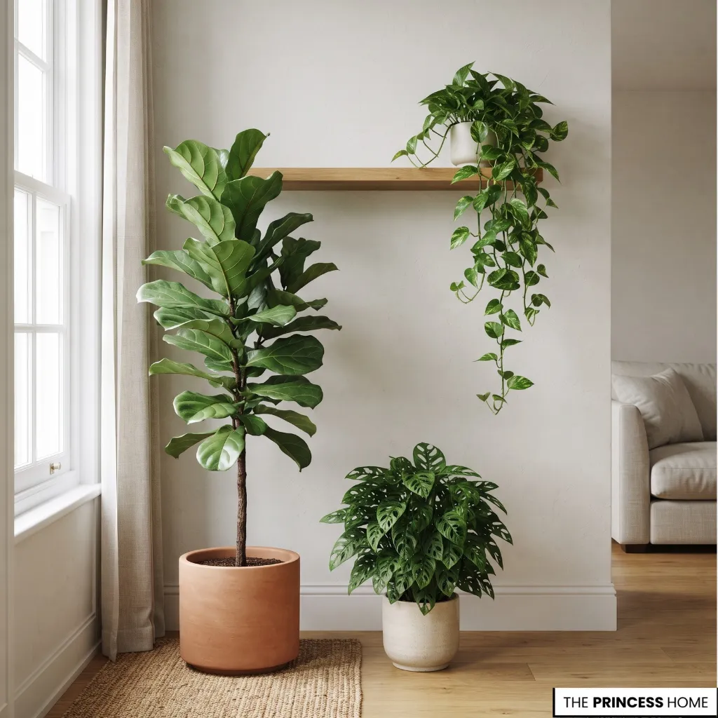A tall indoor plant and two smaller plants arranged at different heights beside living room furniture.
