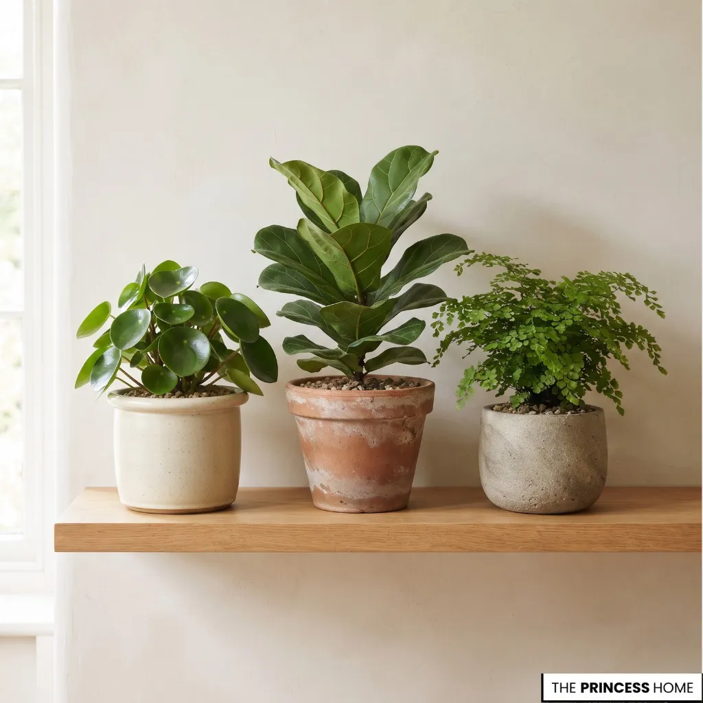 House plants in terracotta and ceramic pots with different finishes.