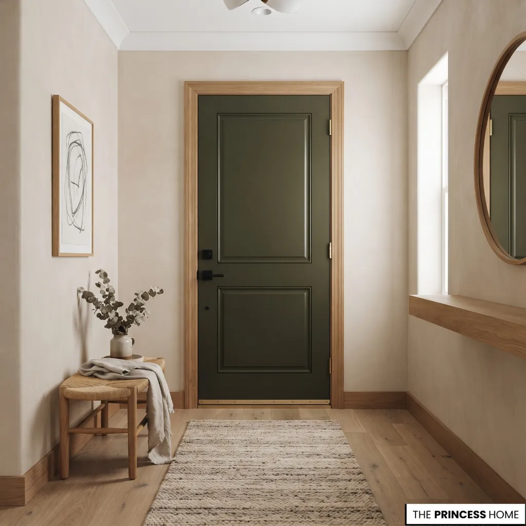 Deep olive interior door providing a restrained color accent in a neutral entryway