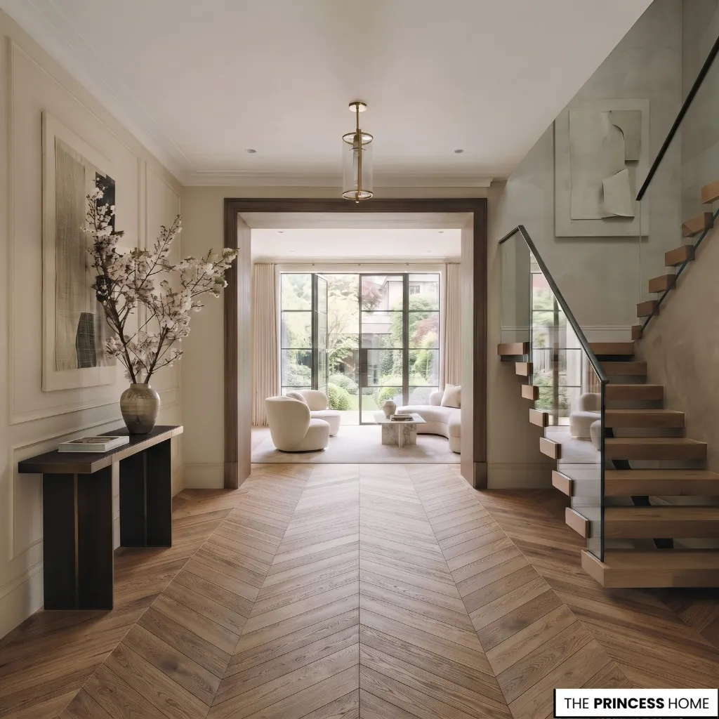Entryway highlighting a staircase, wood flooring, and architectural wall details