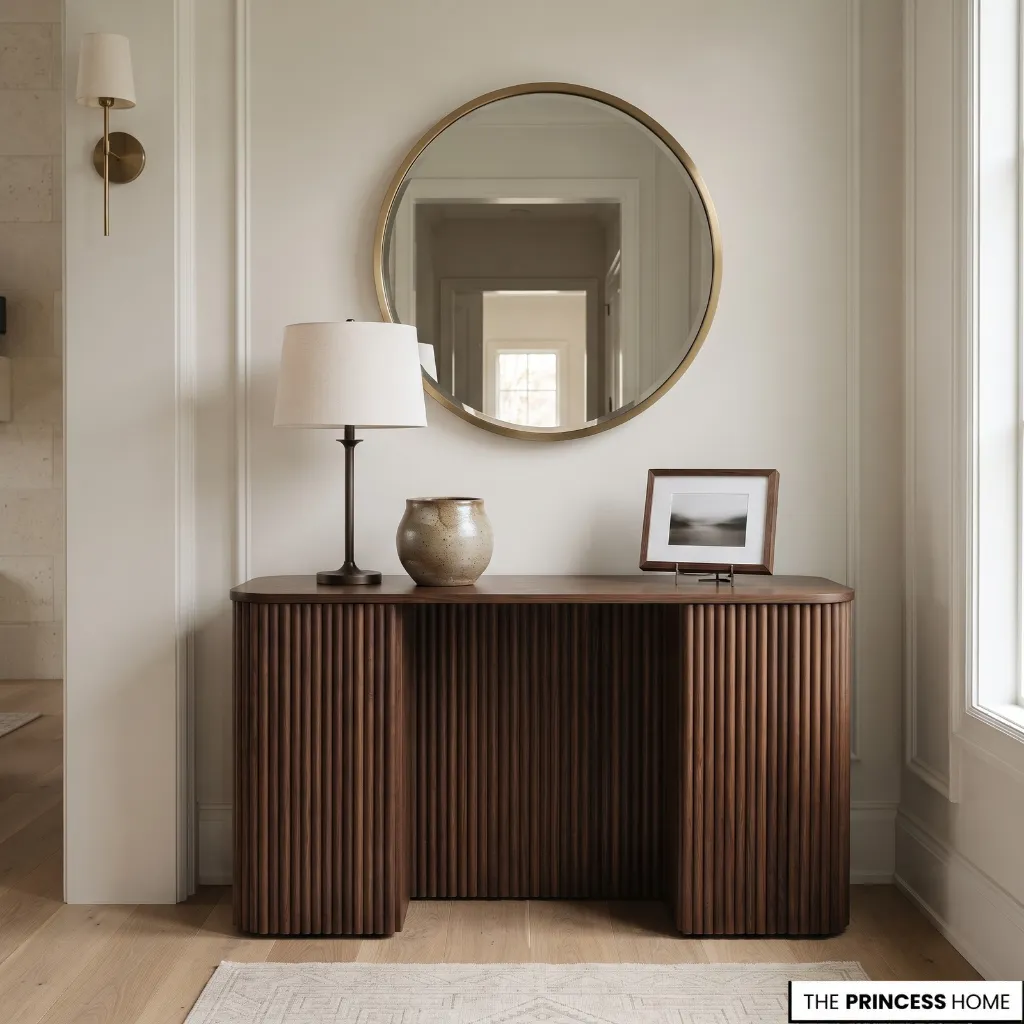 Entryway console with a lamp, ceramic vessel, and framed photograph arranged at different heights