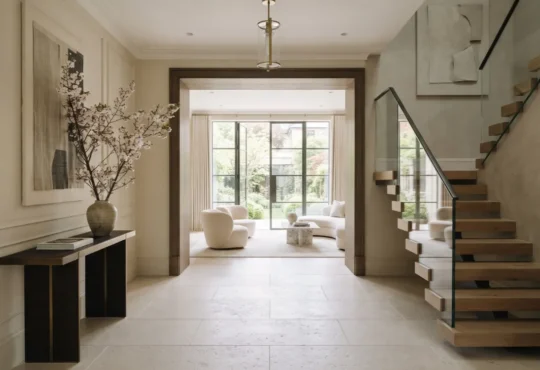 Contemporary elegant entryway with an architectural doorway, sculptural staircase, and balanced natural finishes.