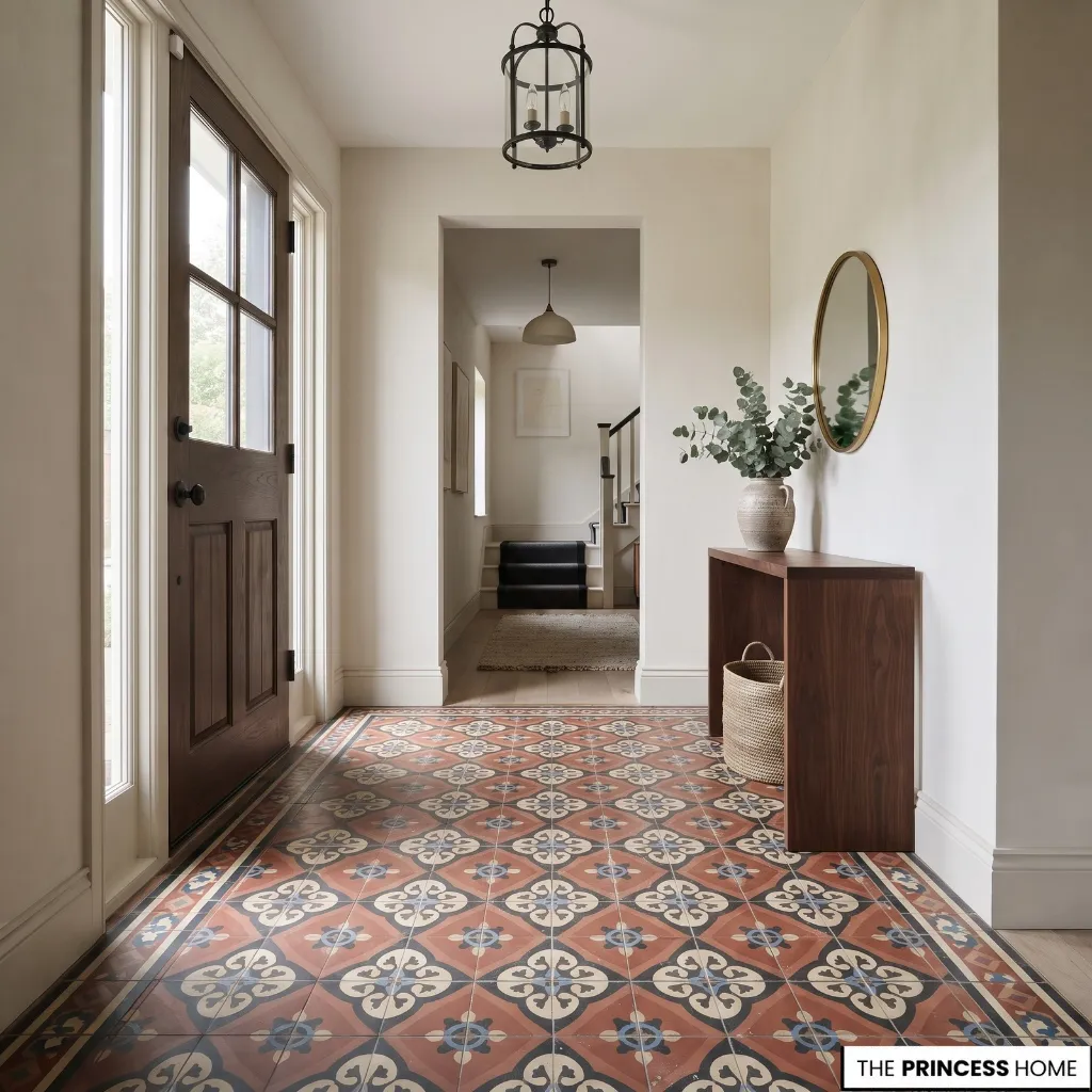 Decorative patterned floor tiles forming the main visual feature of an entryway