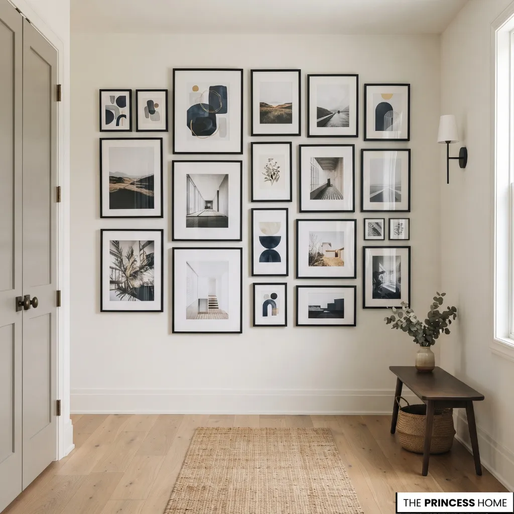 Gallery wall of varied framed photographs and artwork arranged in a coordinated entryway display