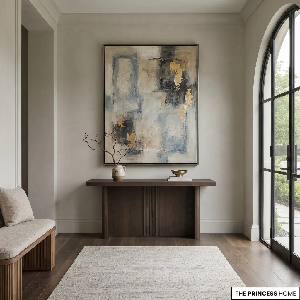 One large framed artwork displayed on a simple entryway wall
