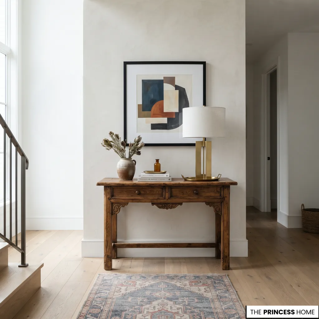 Vintage-style wooden table paired with contemporary artwork and a modern lamp in an entryway