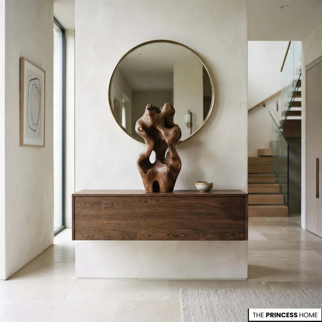 Organic-shaped wooden sculpture displayed on a restrained entryway surface