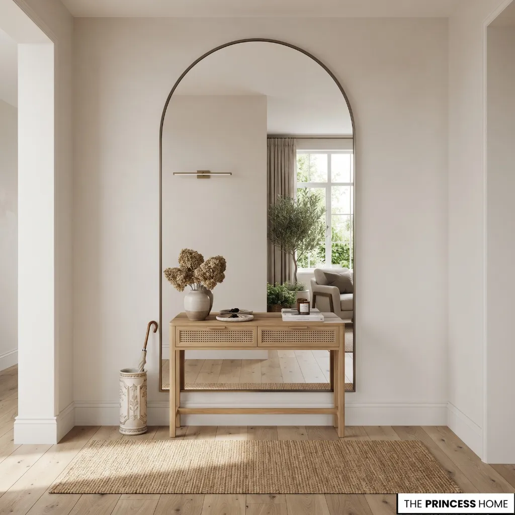 Large framed mirror reflecting natural light above a restrained entryway console
