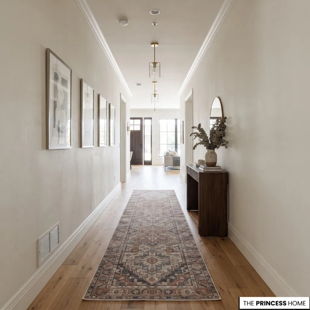 Patterned runner extending along a narrow entry hallway with visible floor borders
