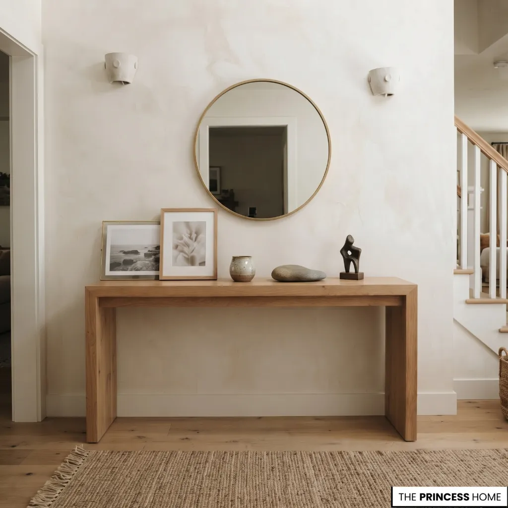 Framed photographs and selected keepsakes arranged on an entryway console