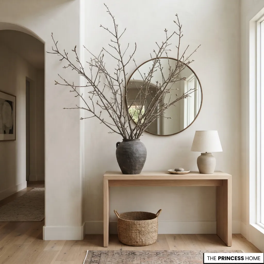 Natural branches arranged in a tall vase on an entryway console