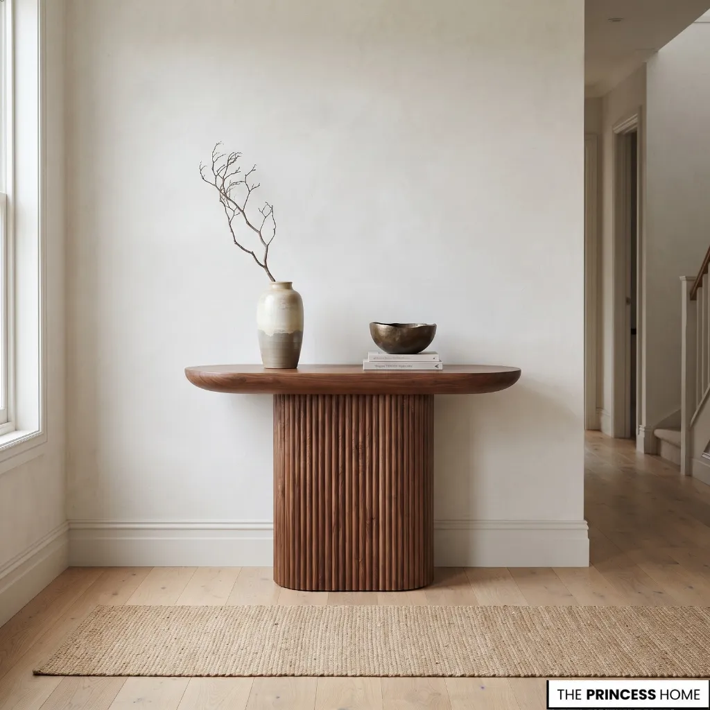Sculptural console table positioned against a restrained entryway wall