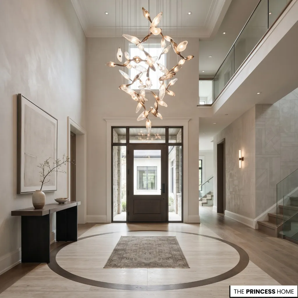Sculptural pendant light suspended above a spacious residential entryway
