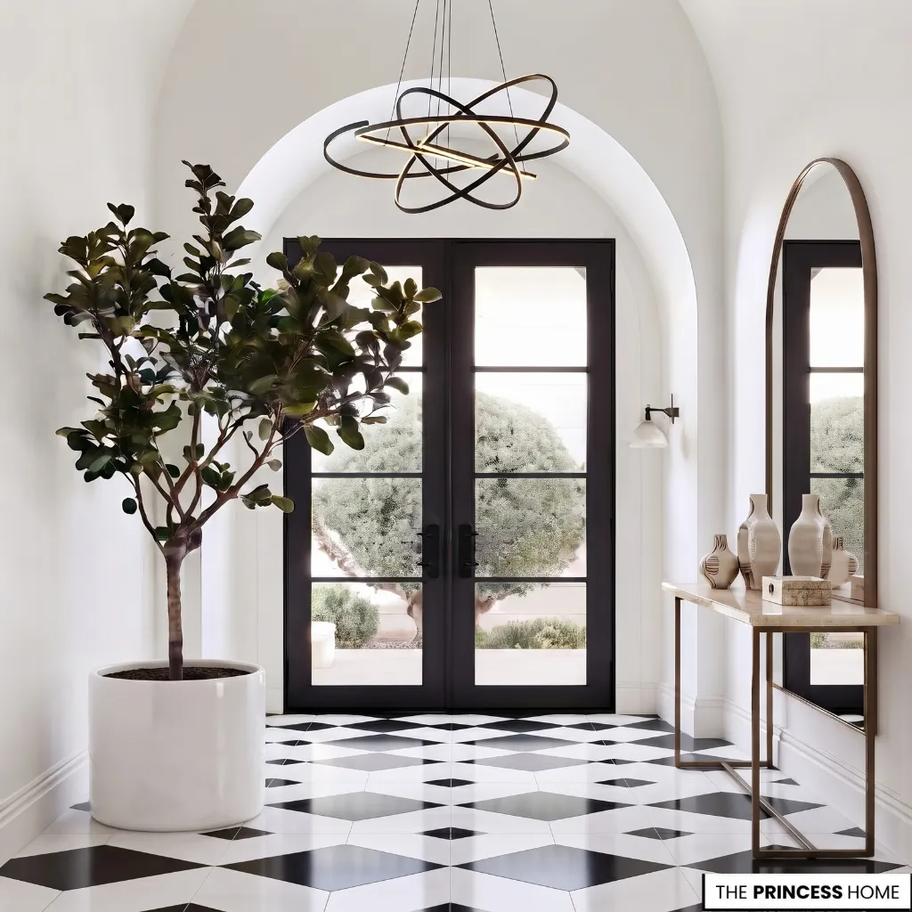 Tall indoor plant in a ceramic planter positioned in an open entryway corner