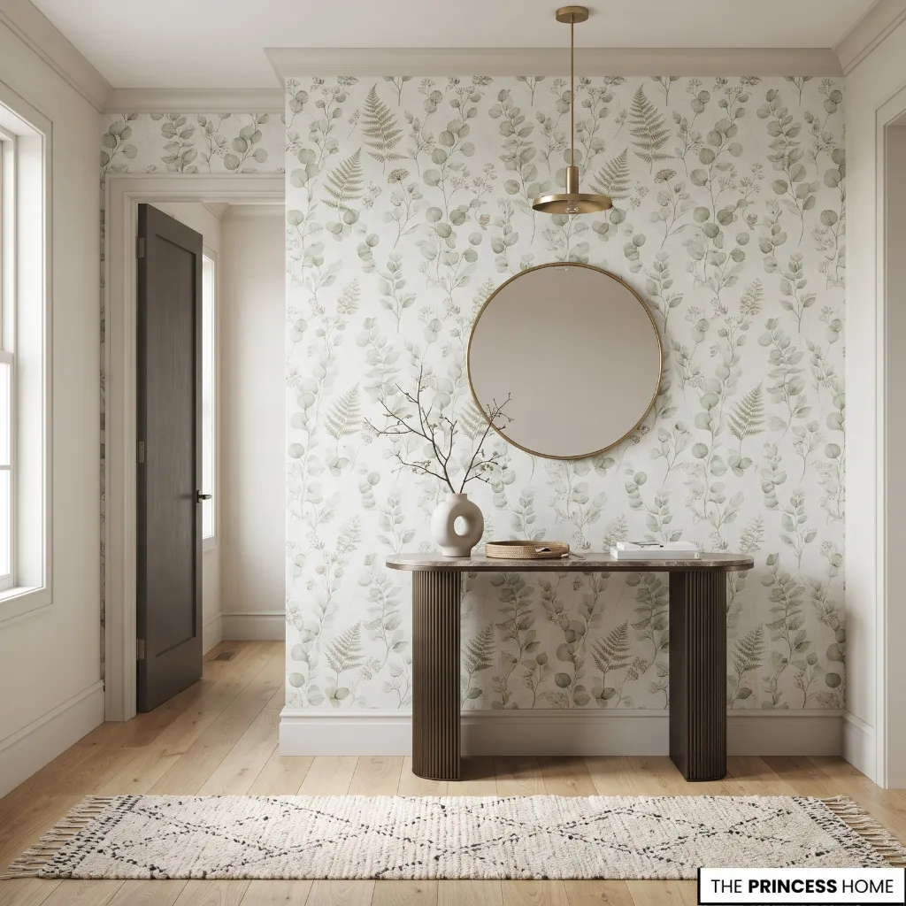 Patterned wallpaper covering one feature wall in a restrained entryway