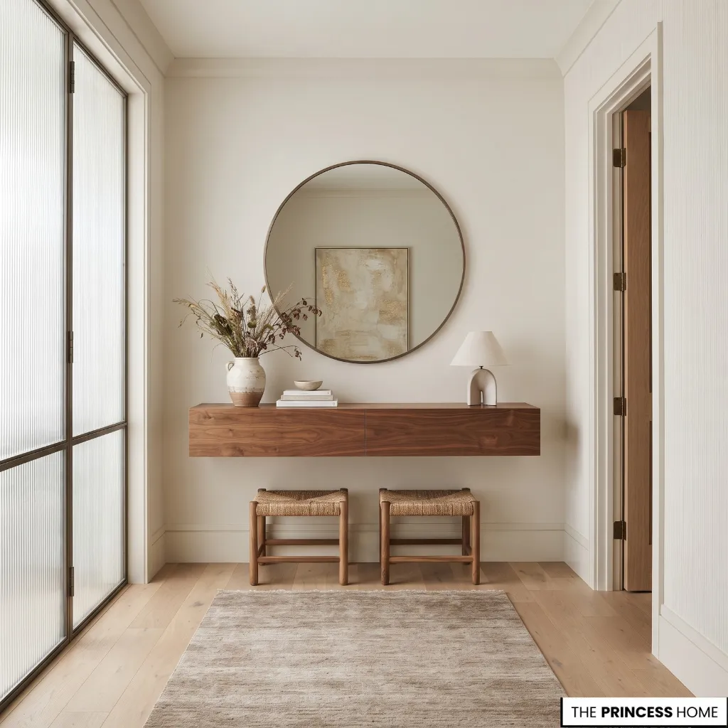 Entryway combining related neutral shades across walls, trim, and wood furniture
