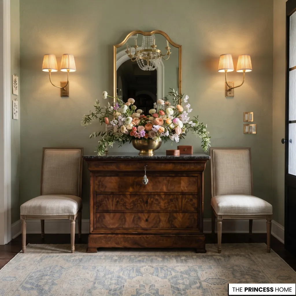 Vintage wooden table paired with contemporary artwork in an entryway