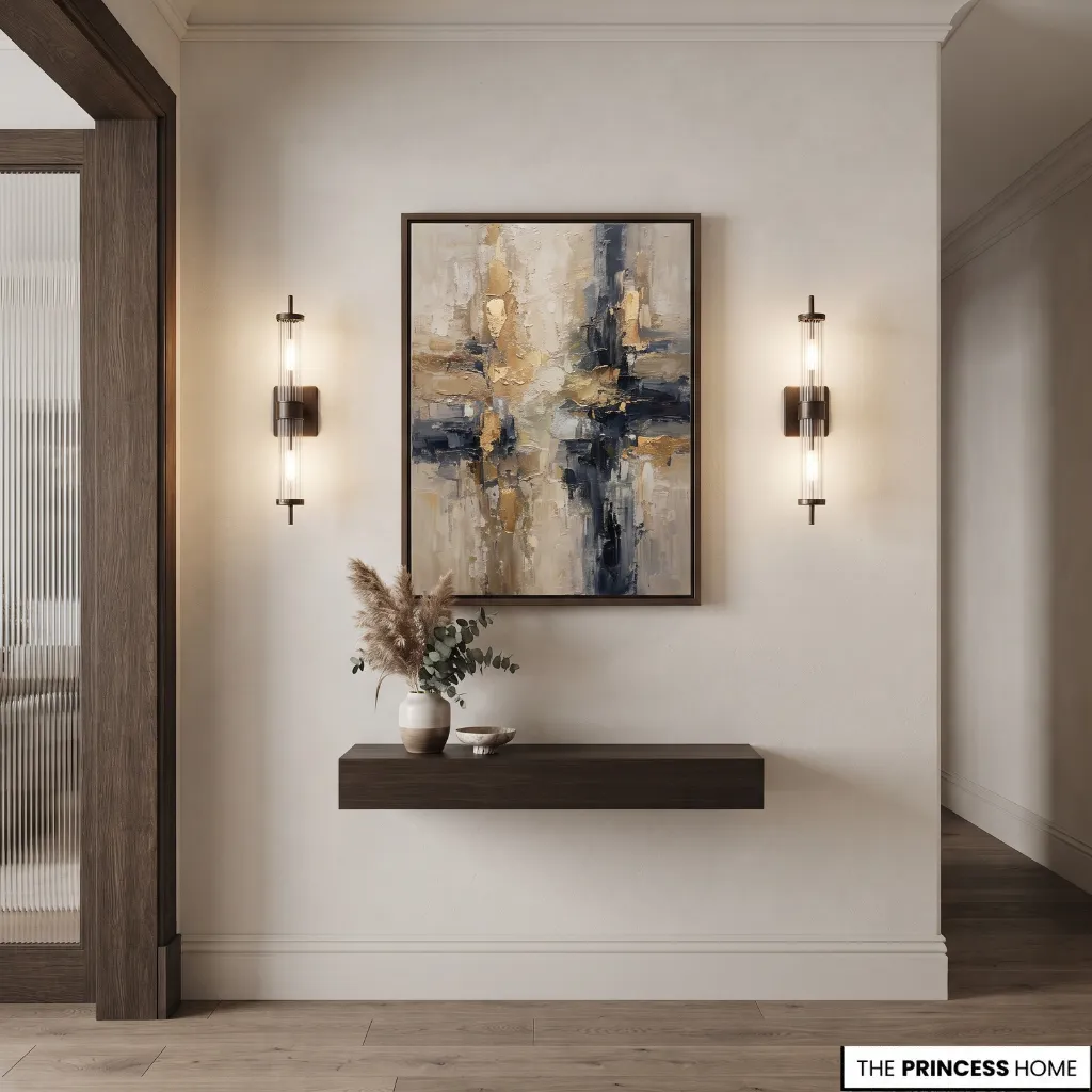 Pair of wall sconces positioned on either side of framed artwork in an entryway