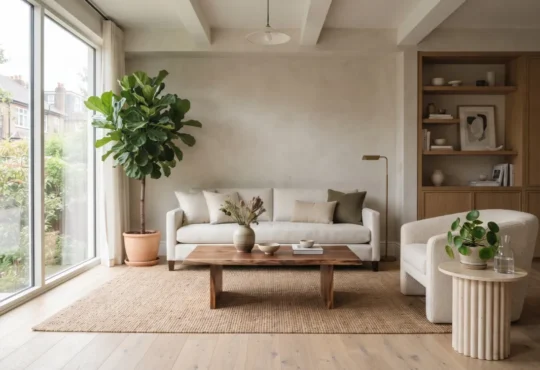 A bright living room with large indoor plants beside neutral seating and a wooden coffee table.