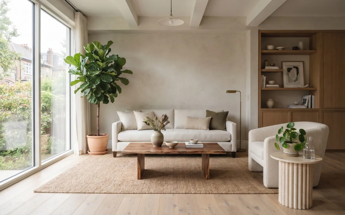 A bright living room with large indoor plants beside neutral seating and a wooden coffee table.