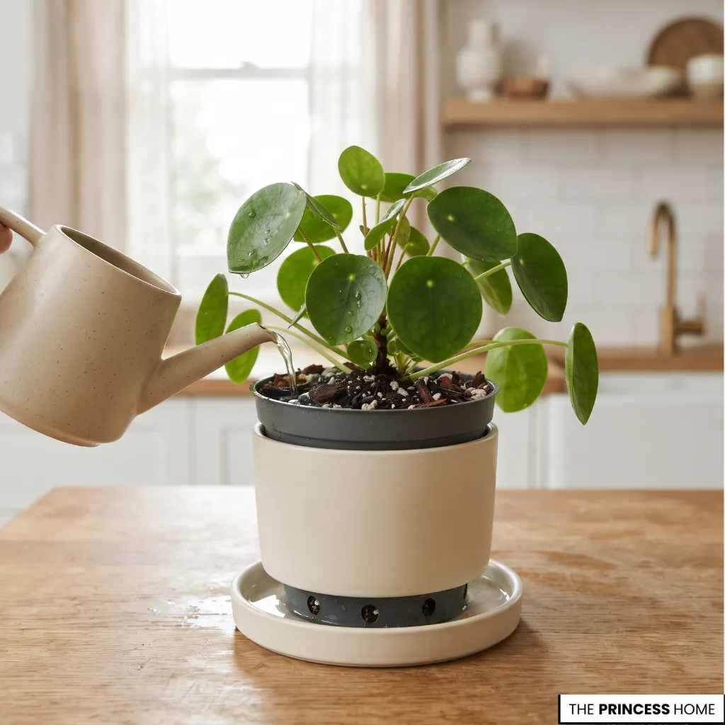 A potted house plant with visible growing medium and drainage during routine watering.