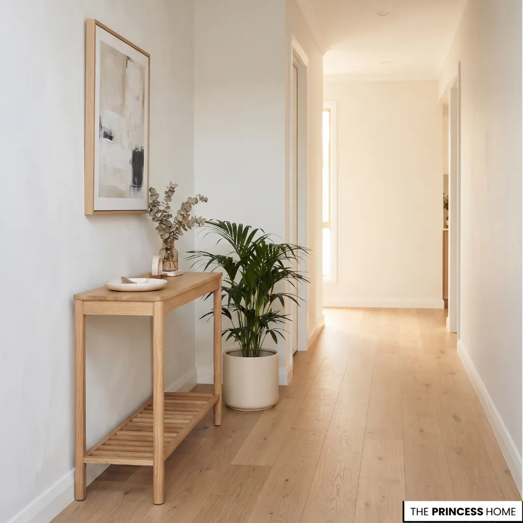 A potted floor plant beside a console, with the entrance and walking route left clear.