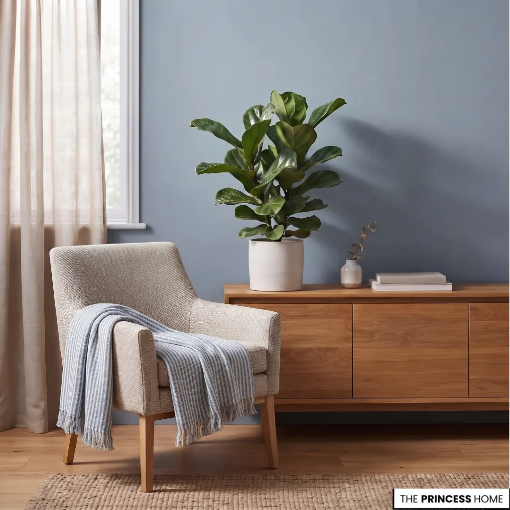 Green plant foliage contrasting with a warm-toned wall and textured interior finishes.