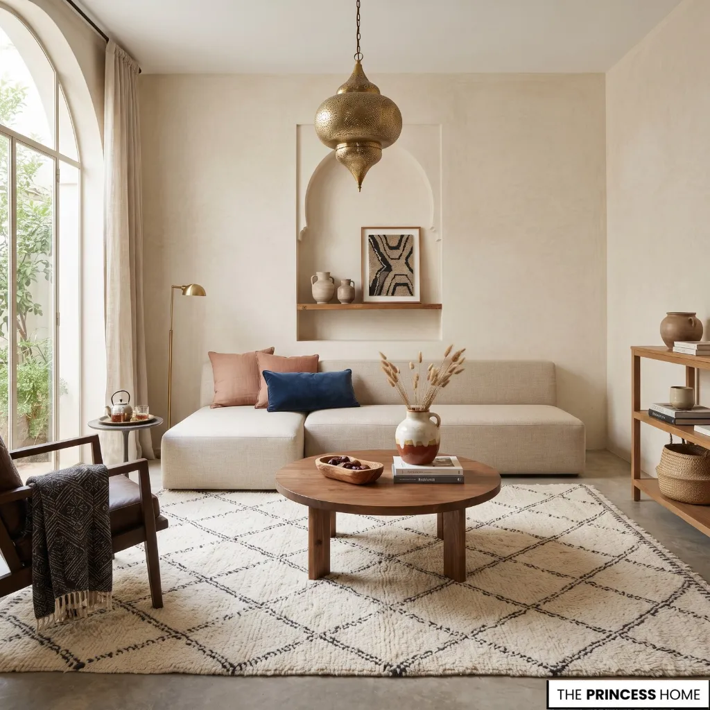 Balanced Moroccan interior with controlled pattern, restrained accessories, and quiet surfaces.