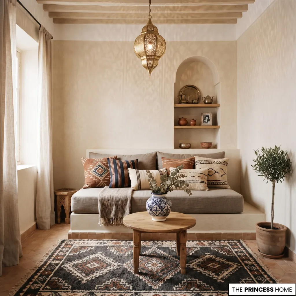 "A cozy Moroccan-style seating nook featuring a built-in bench, patterned cushions, a traditional brass pendant lamp,