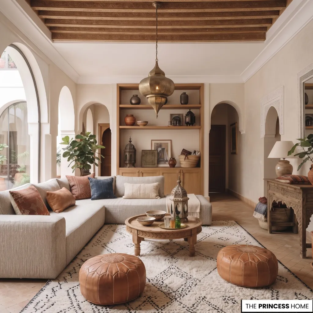 "A luxurious Moroccan living room featuring ornate wooden ceiling beams, arched architectural details,