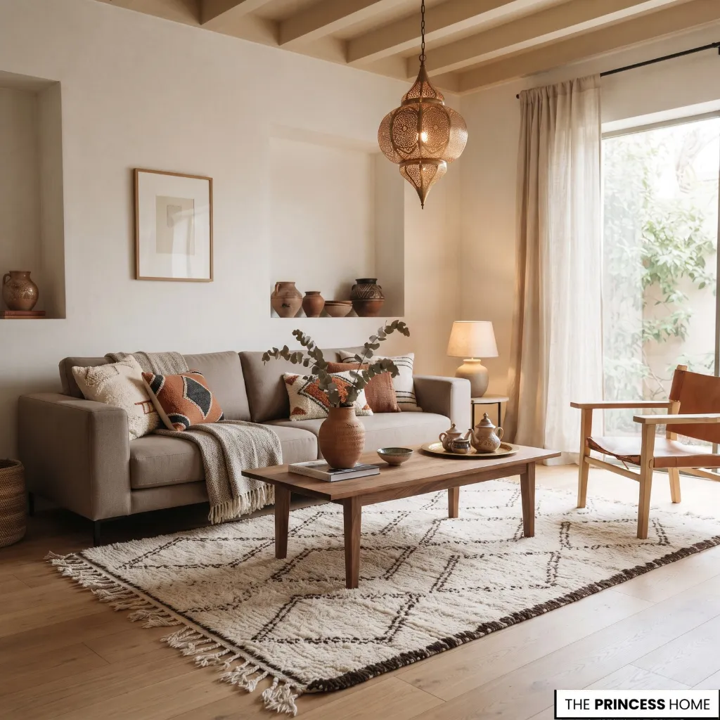 Modern Moroccan living room with white walls, simple upholstery, natural wood, geometric rug, and handmade ceramics.