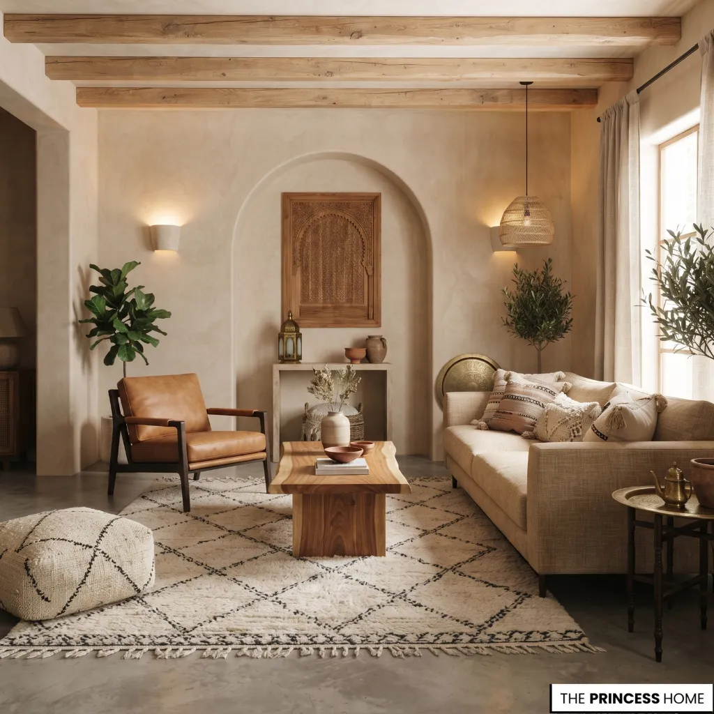 "A spacious modern Moroccan living room featuring wooden ceiling beams, an arched wall niche