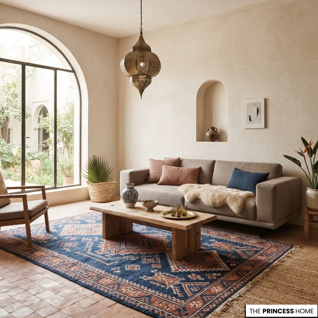 "A sunlit modern Moroccan living room featuring a traditional brass pendant lamp, neutral sofa, and blue patterned rug."