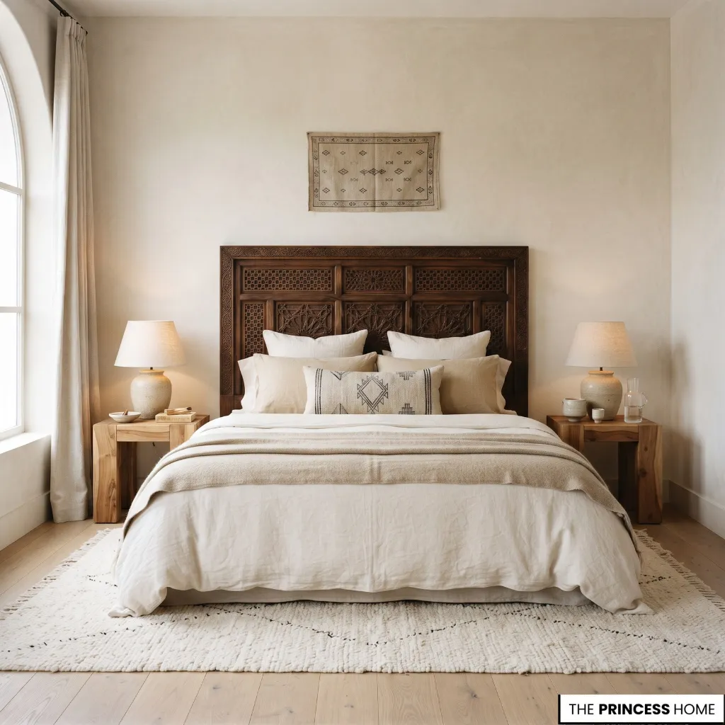 Calm Moroccan-inspired bedroom with tactile textiles, controlled pattern, carved headboard, and warm bedside lighting.