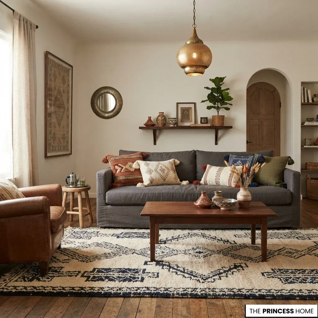Existing contemporary furniture refreshed with a Moroccan rug, textiles, warm lighting, and handmade ceramics.