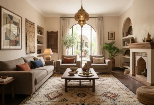 Contemporary Moroccan living room with geometric rug, natural materials, textured walls, handcrafted furniture, and warm lighting.