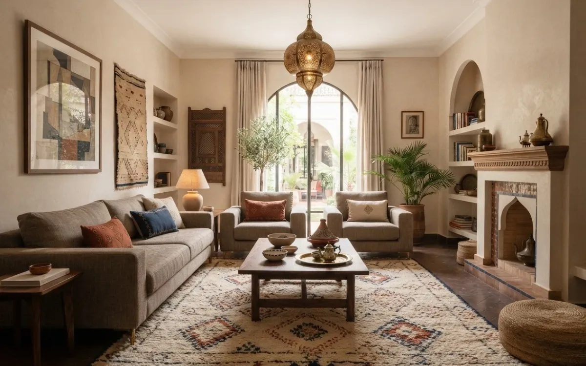 Contemporary Moroccan living room with geometric rug, natural materials, textured walls, handcrafted furniture, and warm lighting.