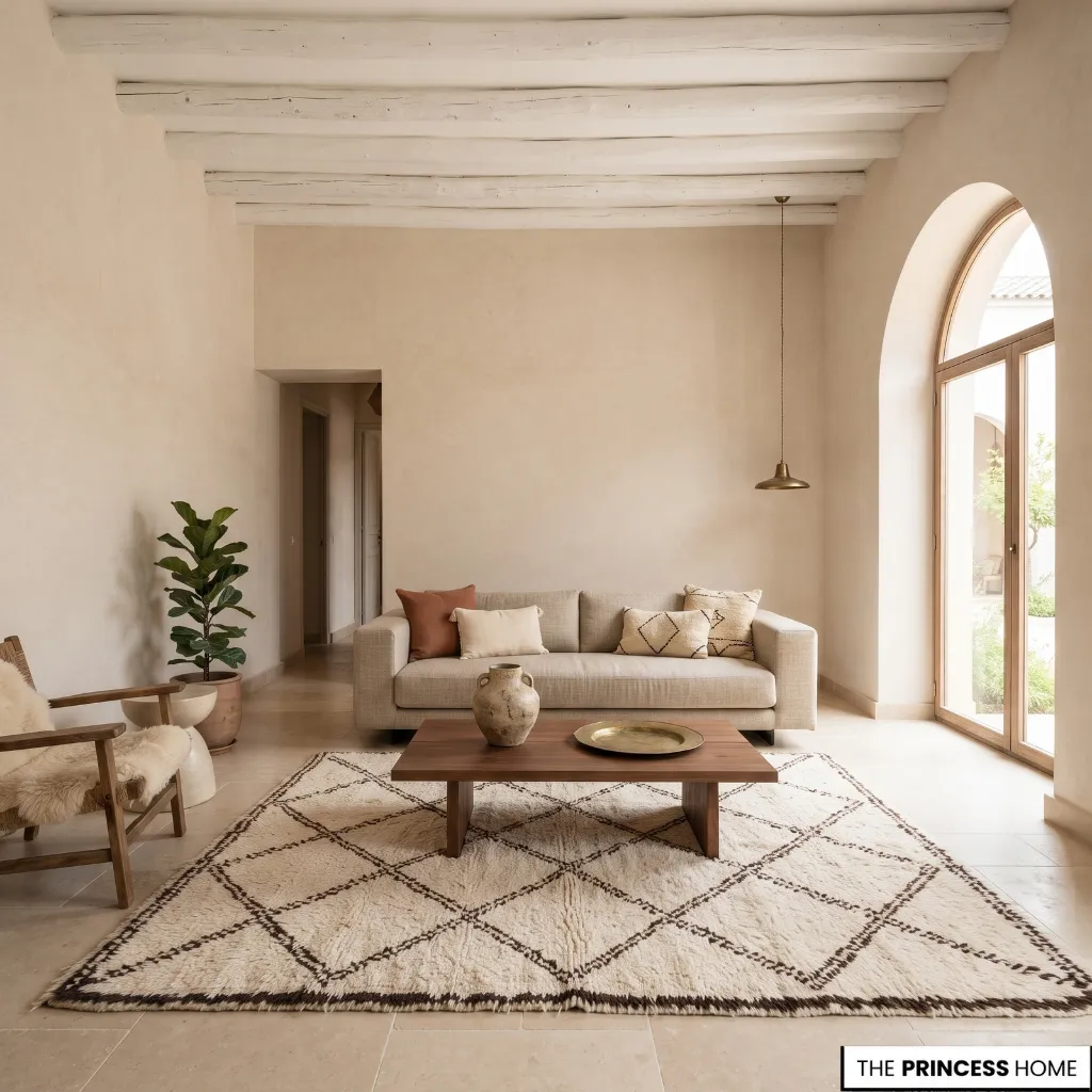 Contemporary room using quiet architecture, a geometric rug, textured wall, and one handcrafted focal element.