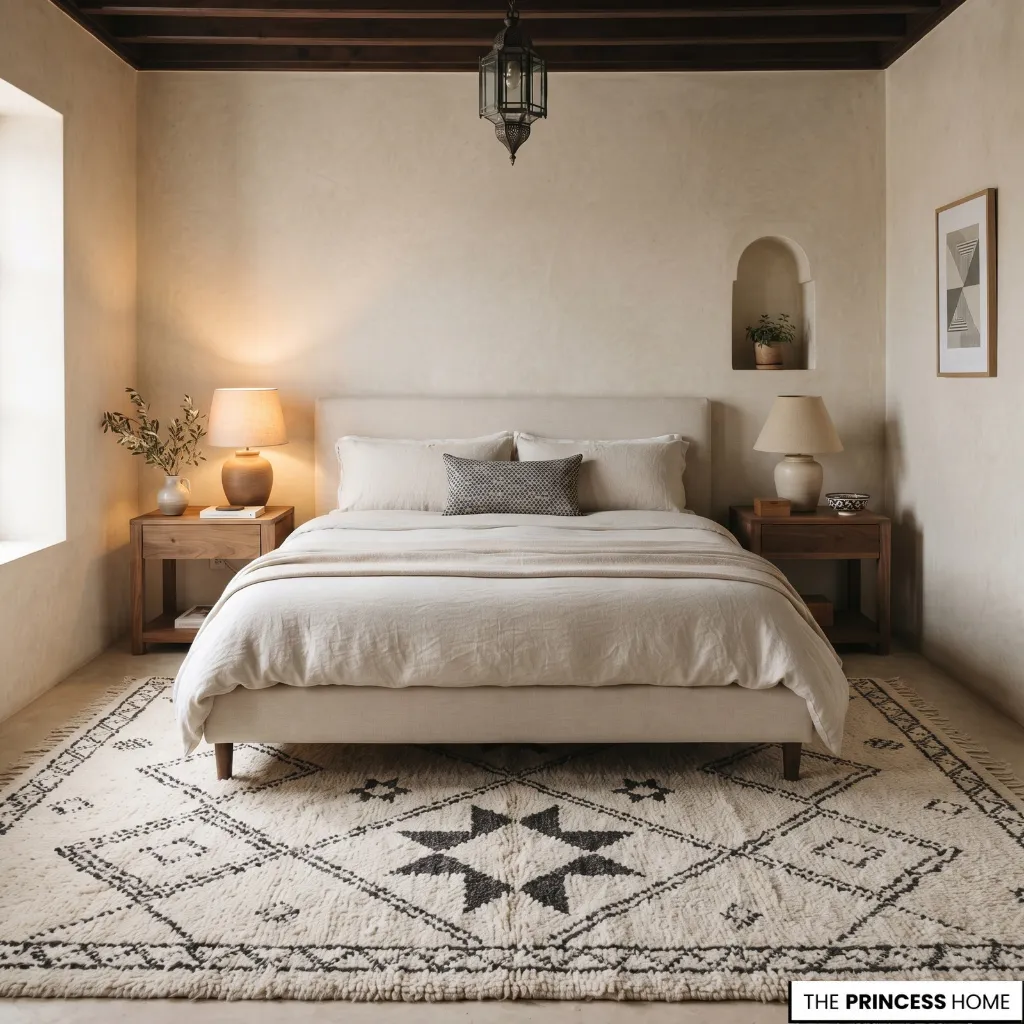 Moroccan-inspired room using one dominant geometric rug pattern with quieter supporting textiles.