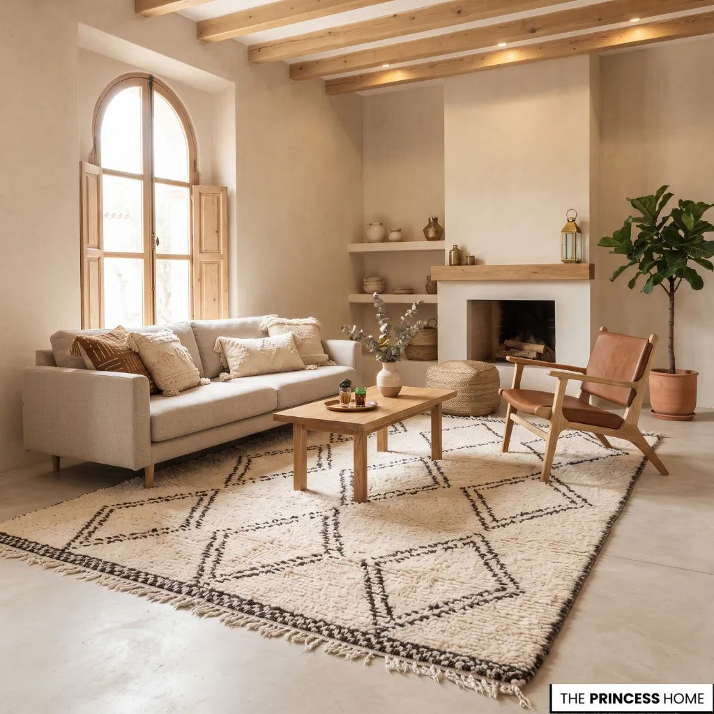 Geometric Moroccan-inspired wool rug connecting a contemporary living room seating arrangement.