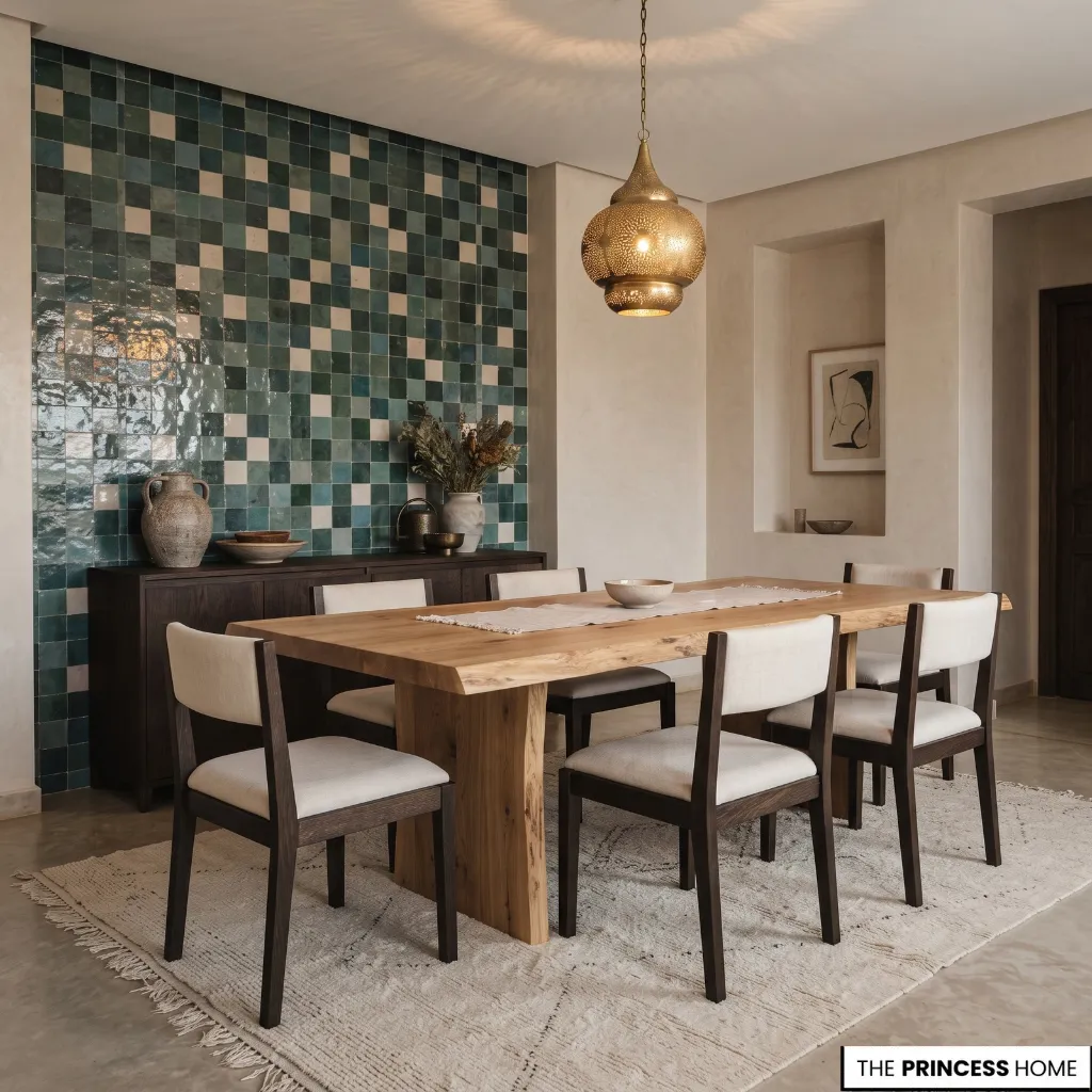 Moroccan interior combining zellige tile, textured plaster, natural wood, wool, and aged metal.
