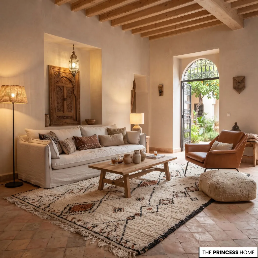 "A warm Moroccan living room featuring wooden ceiling beams, a white sofa, a patterned Berber rug,