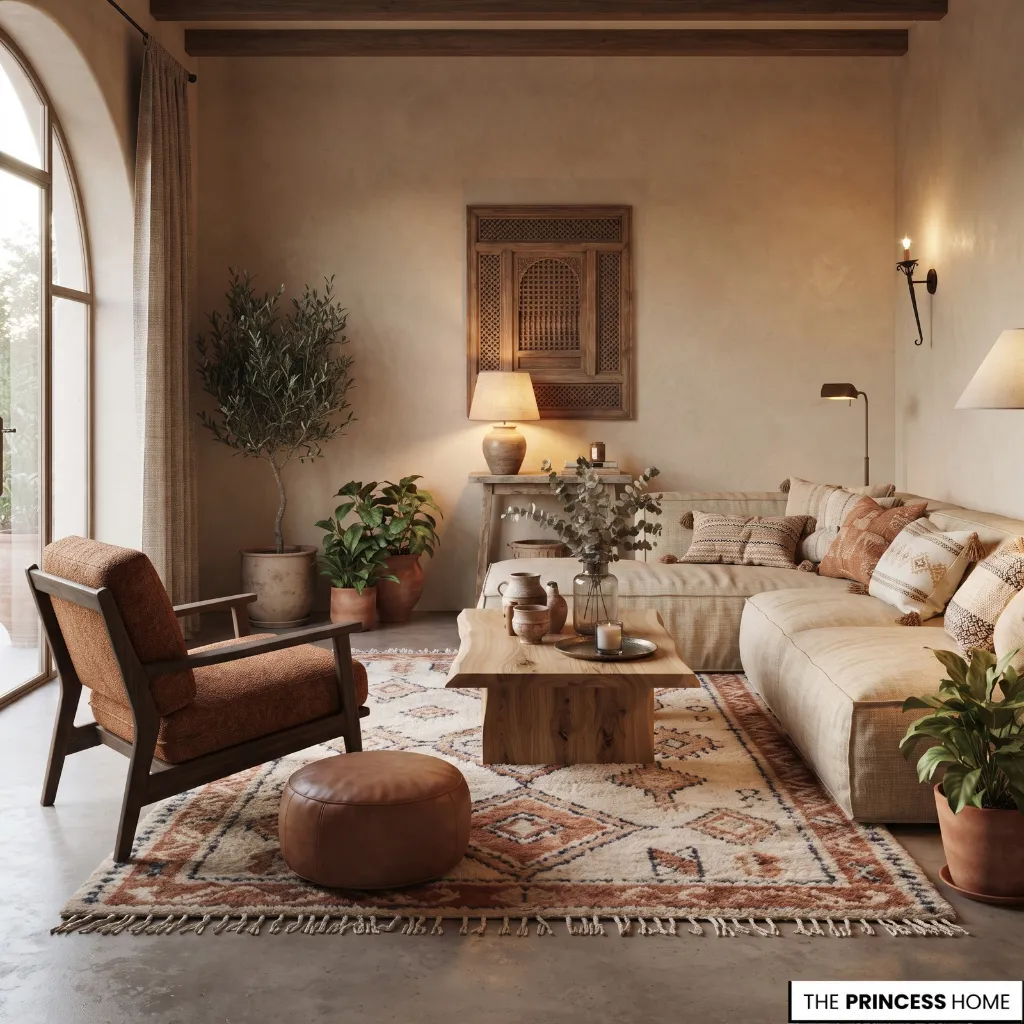 Moroccan-inspired living room with low-profile seating, low wood table, pouf, and generous rug.