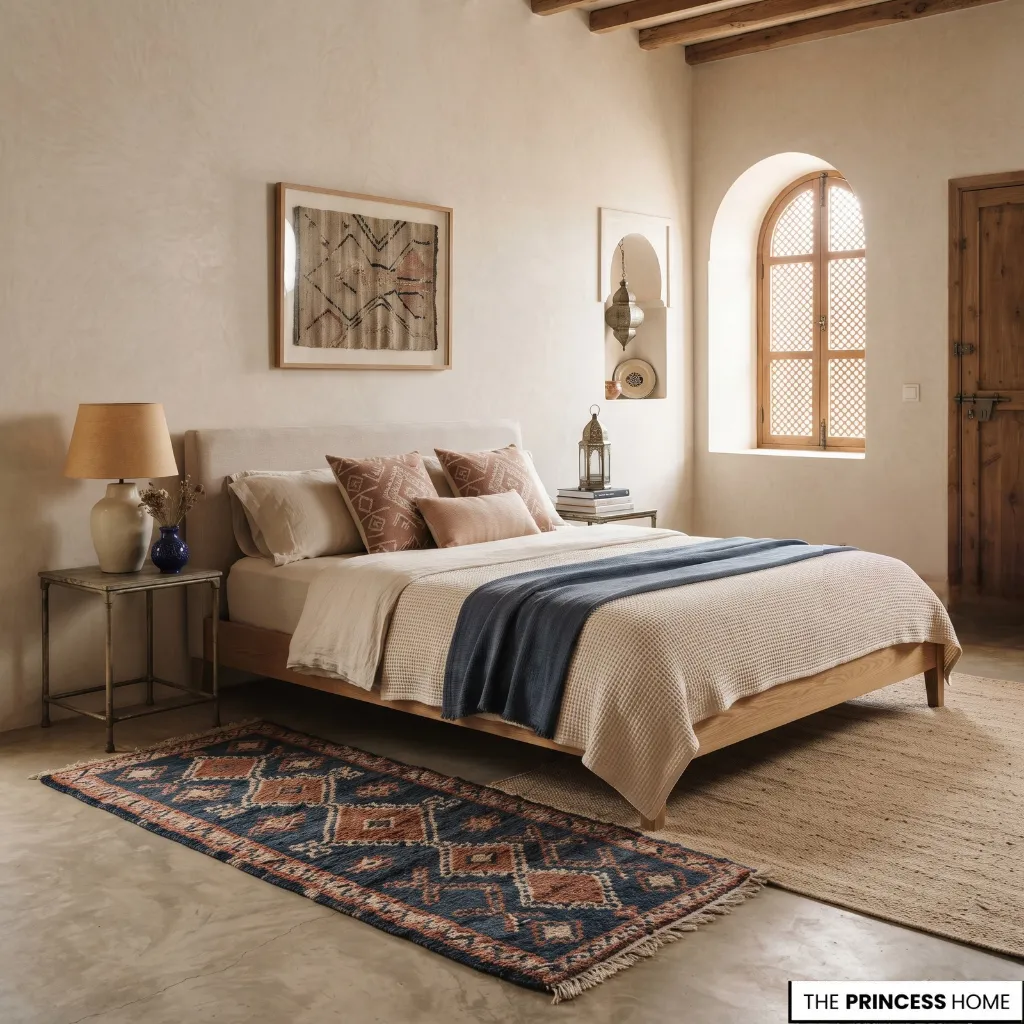 Moroccan-inspired room with warm neutral walls and controlled terracotta and deep blue accents.