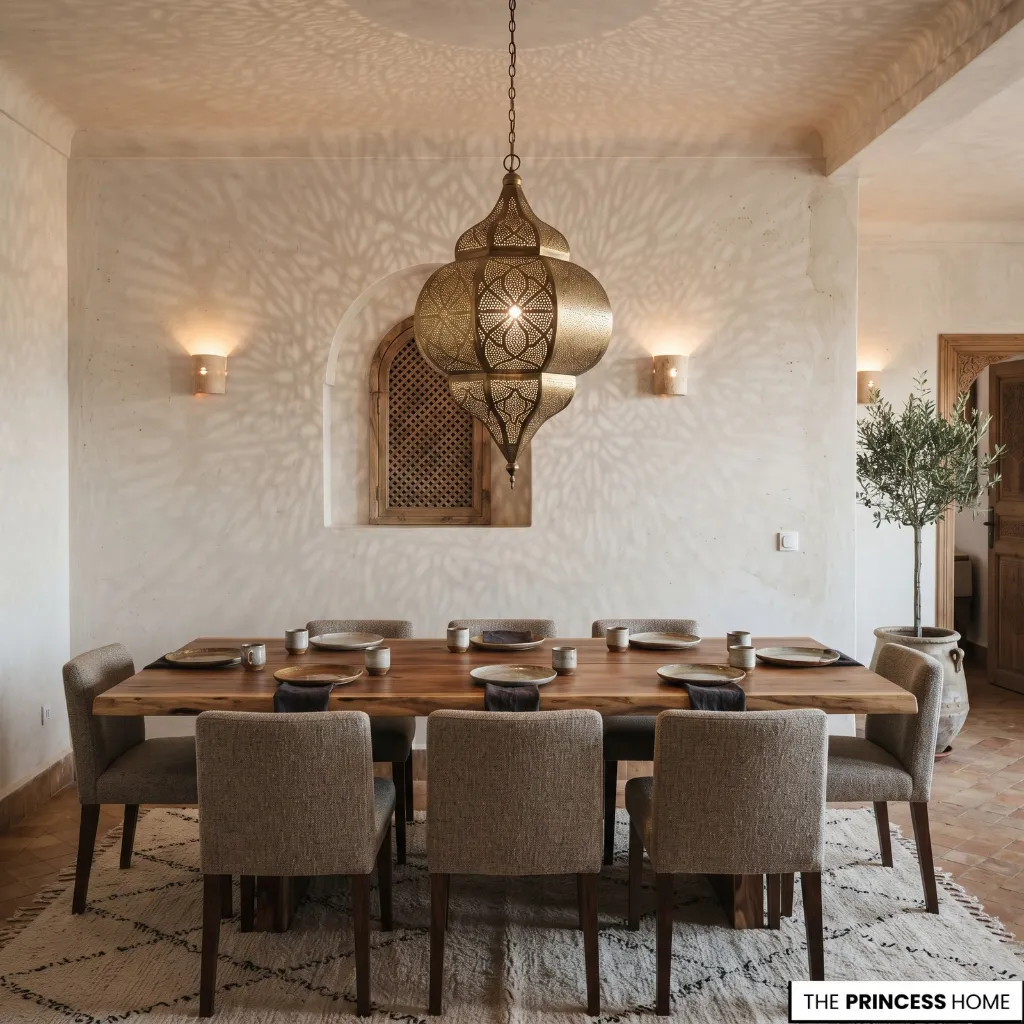 Moroccan dining room with a pierced-metal pendant and layered warm lighting.
