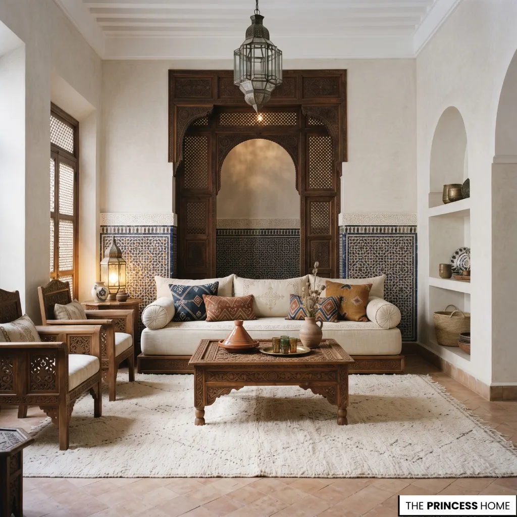 Moroccan-inspired interior showing geometric tilework, carved wood, textiles, ceramics, and warm light.