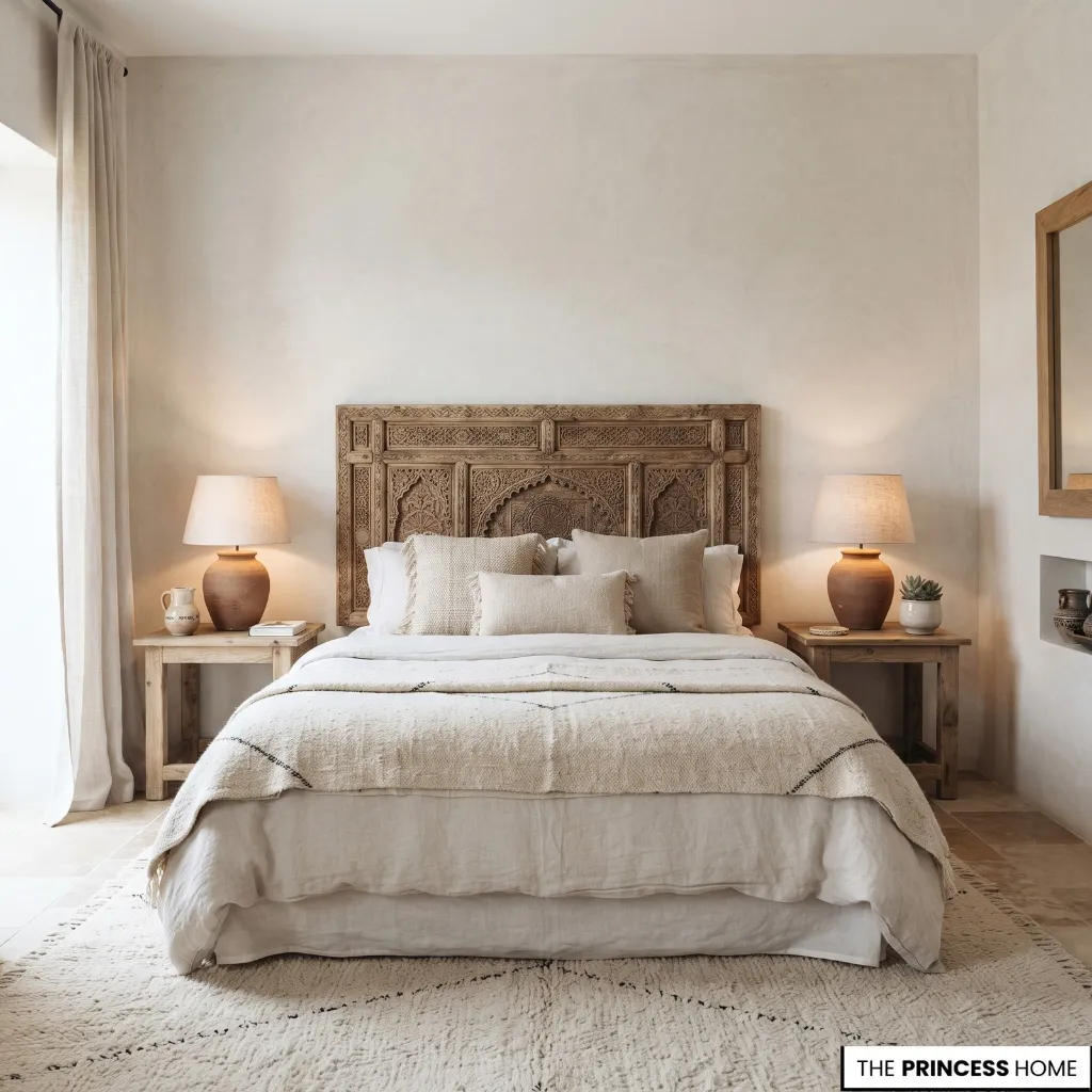 "A neutral Moroccan-style bedroom featuring a carved wooden headboard, textured white bedding,