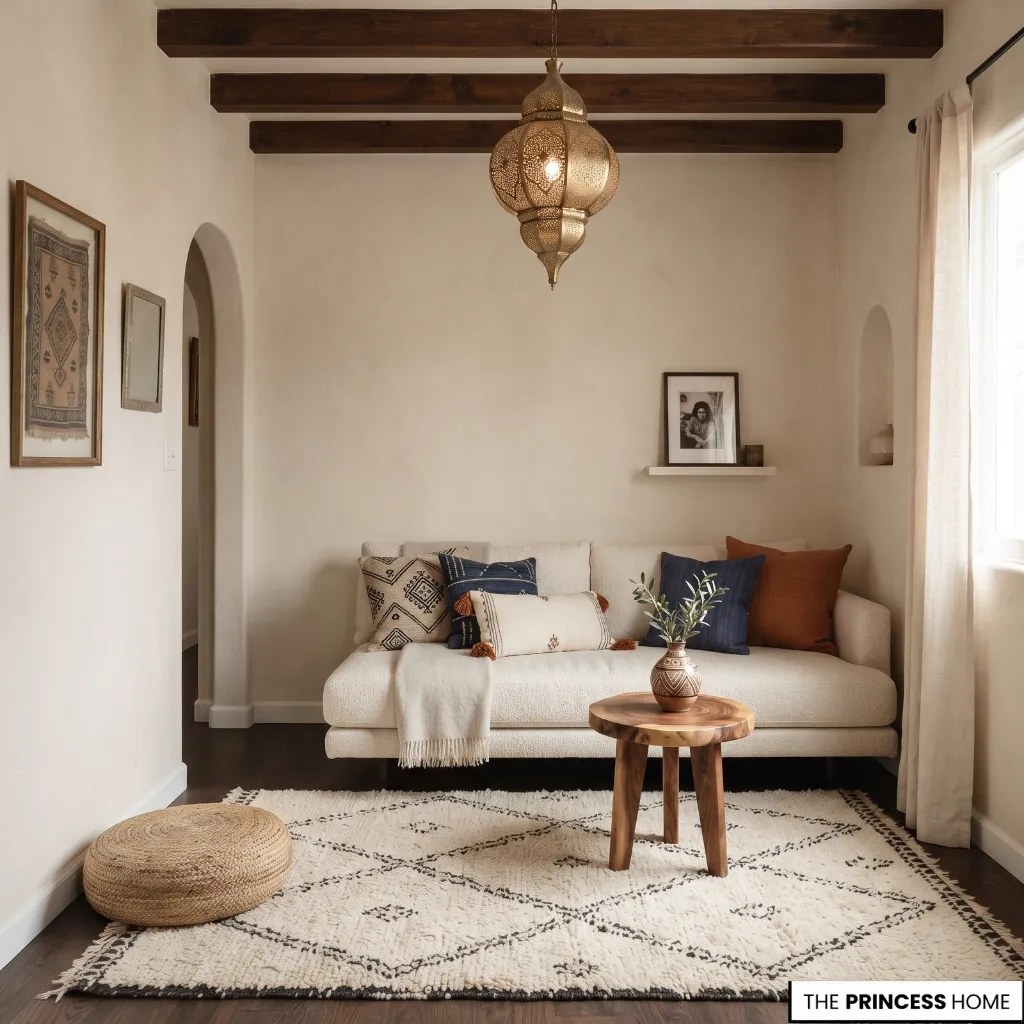 Small Moroccan-inspired room using a geometric rug, compact furniture, and one distinctive light.