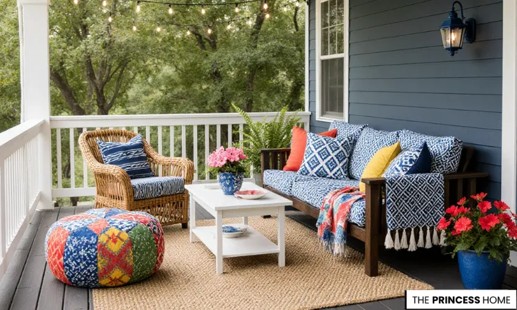 Navy and Rattan Porch Design
